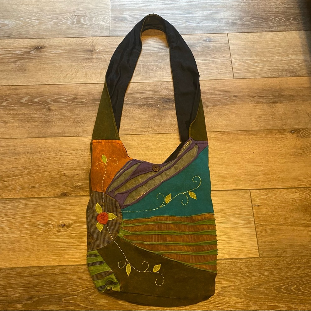 Boho Hippie Sling Crossbody Bag Patchwork Razor Cut Hobo Purse Embroidered - Picture 3 of 7